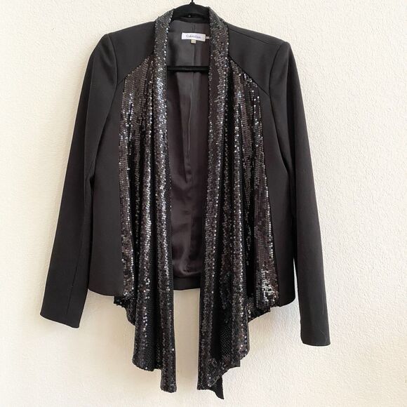 Calvin Klein Womens Open Front Cardigan Sequin Size M Black Long‎ Sleeve Party - Picture 7 of 11